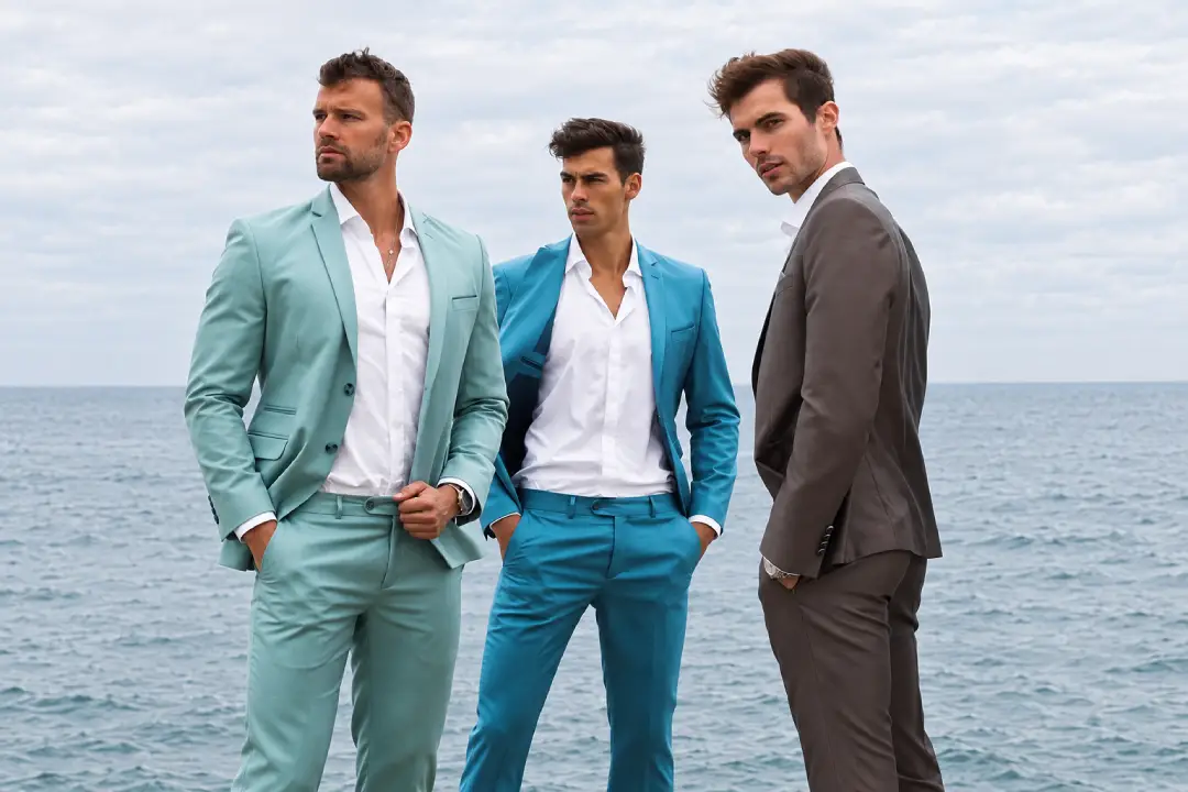 trois-hommes Trois jeunes hommes en costume de mariés